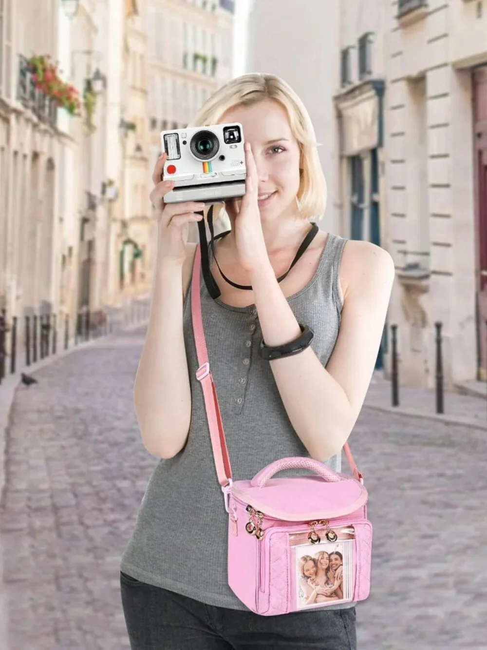 Stylish Pink Crossbody Camera Case for Instant Cameras, Easy Photo Window